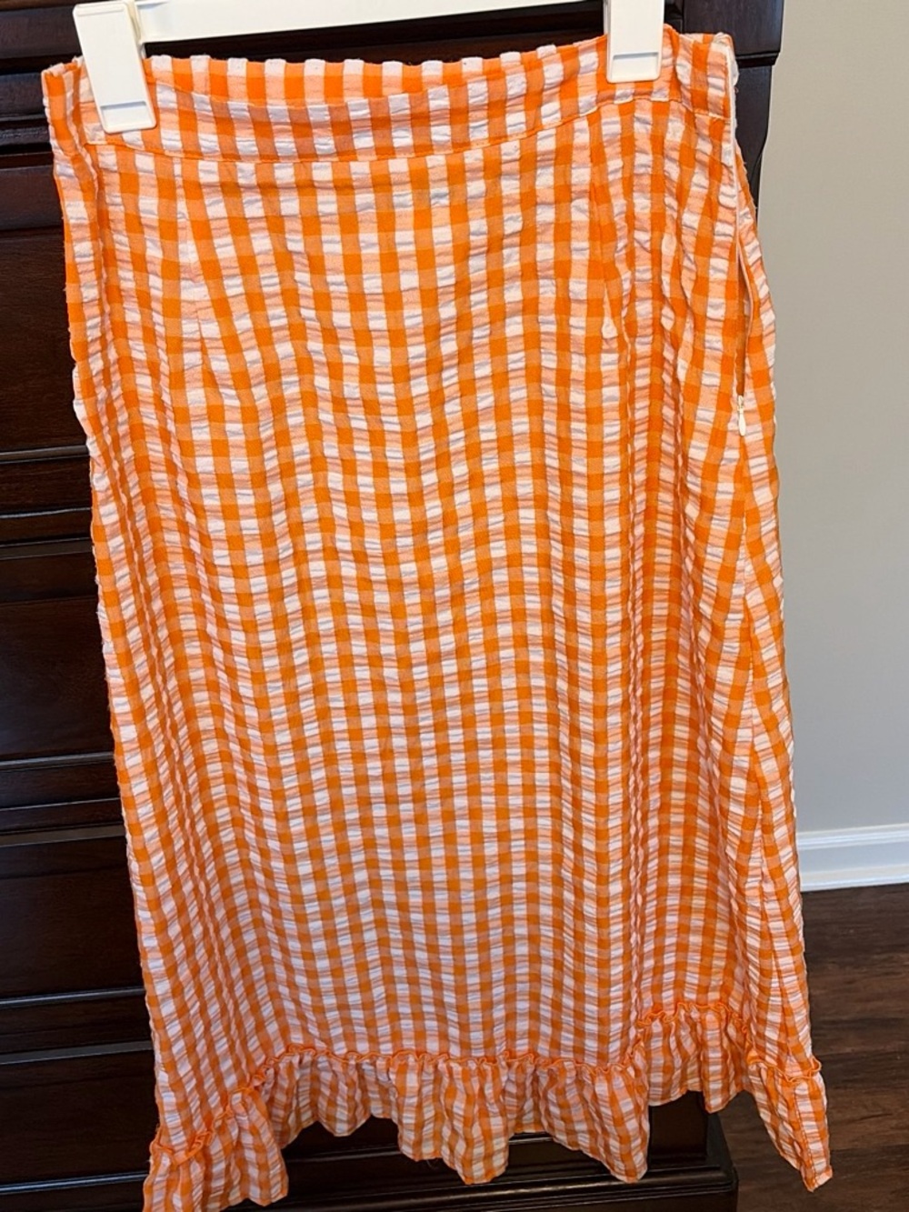 SHEIN Orange and White Gingham Midi Skirt with Ruffle Hem